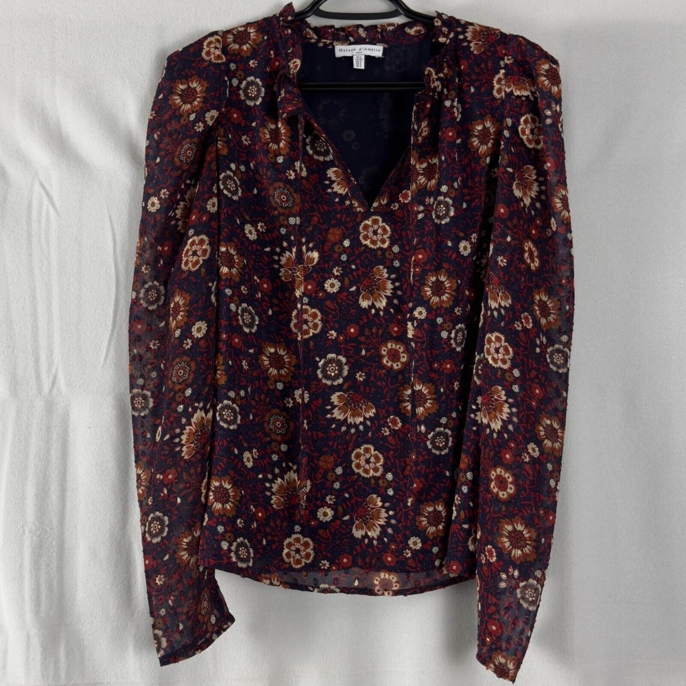 Maison d'Amelie Sz S Floral Ruffle V-Neck Blouse Sheer Light Chiffon Peasant Top